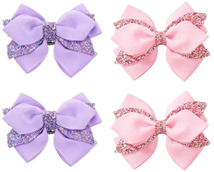 4PCS Glitter Hair Bows for Girls, Exquisite Sparkly Bow Hair Clips | Pink/Purple, Cute Sequin Alligator Barrettes, Hairs Accessories, For Women Children Kids Toddler Birthday Party Costume Decor