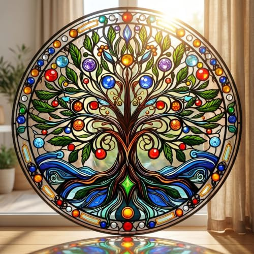 Kemay Stained Glass Window Stickers for Glass, Tree of Life Suncatcher Window Decals, Anti-Collision Bird Strike Window Film, Static Cling Double Sided Decorative Stickers for Home Office