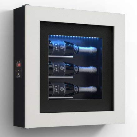 dafnedesign. com – Marco VINO – Expositor separados para tres botellas de horizontal. Estructura de metal. Estructura Puerta de aluminio. Marco de madera/HPL vetrocamera 20 mm. Junta magnético. Panel