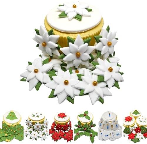 12 x julstjärna vit – ätbar jultårta cupcake toppdekorationer – handgjord sockerpasta tårtdekorationer ** 11 stilar att välja mellan** (julstjärna)