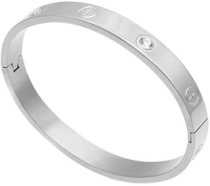 Luxury Gold -Plated Stainless Steel with CZ Stone Simple Style Love Bangle Bracelet for Women Men (Silver size 16cm)