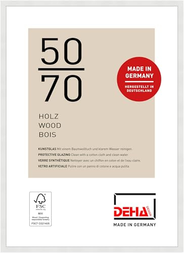 DEHA Design Holz Bilderrahmen Fontana, 50 x 70 cm, Weiß | Holz Posterrahmen im Hoch- & Querformat zum Aufhängen Weiß matt bruchsicheres Kunstglas