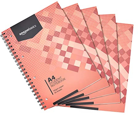 Amazon Basics Spiral-Notizblock, 80 Blatt / 160 Seiten, A4, 90 GSM, 5 stück, 1er-Pack, Weiß