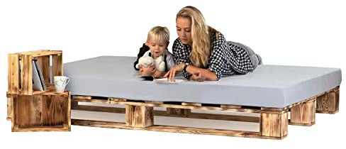 sunnypillow 180x200 cm Palettenbett aus Holz Holzbett Massivholzbett Bett aus Paletten Palettenmöbel Geflammt Vintage europalette 80 90 100 120 140 160 180 200 220 240 x 200 cm