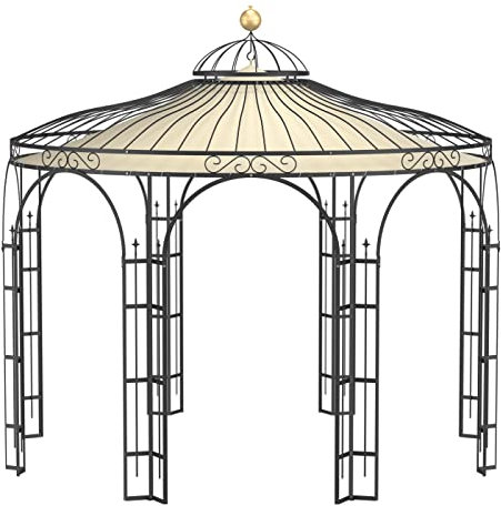 ELEO Pavillon Florenz schwarz mit Sonnensegel und Dekorkugel - rund 4x4 m Rankpavillon für den Garten handgeschmiedet Schmiedeeisen - Rosenpavillon Metall stabil pulverbeschichtet - Sonnenschutz Dach