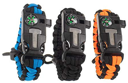 PARACORD PLANET - 3 Stück verstellbare Paracord Survival Armbänder - Notfallausrüstung für Outdoor Survival - Eingebauter Kompass und Pfeife - Camping, Wandern, Feuerstarter Ausrüstung