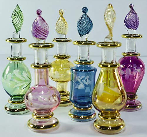 Botellas de perfume egipcio, botellas de perfume de vidrio soplado por la boca, botellas de perfume de poción al por mayor, juego de 6 botellas en miniatura tamaño 2 (5 cm) con botella decorativa
