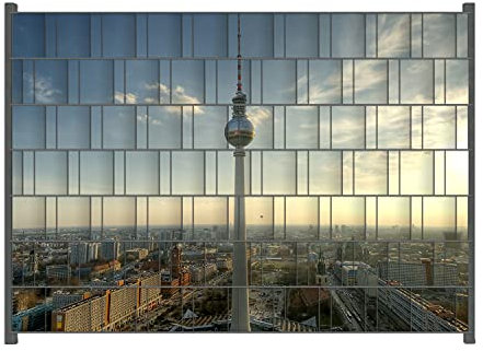 Wallario Zaun Sichtschutz Windschutz für EIN- und Doppelstabmattenzäune in der Größe Breite 2,00m x Höhe 1,40m, Motiv: Fernsehturm Berlin mit Panoramablick über die Stadt