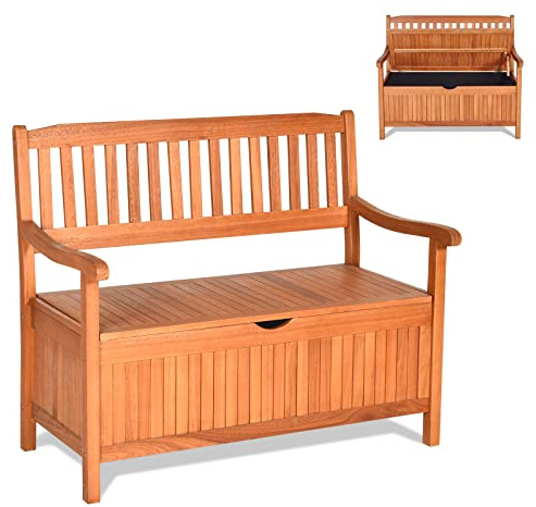 RELAX4LIFE Banc de Jardin en Bois d'Acacia Massif avec Rangement, Banc Bois Extérieur avec Dossier & Accoudoirs, Coffre de Jardin avec Sac Anti-Poussière, Capacité 360 KG, pour Extérieur/Intérieur