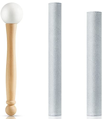 Nuanchu 3-teiliges Kristall-Klangschalen-Schlägel-Set, inklusive dickem Wildlederklöppel, massiver und hohler Klangschalenstab, Kristall-Klangschalen-Gummihammer mit Holzgriff zum Spielen (Silber)
