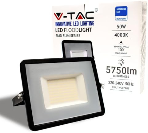 V-TAC Foco Led Exterior 50W Chip Samsung - [Última Generación] - Luz 4000k Blanco Neutro - 5750 Lumen - Proyector LED Exterior Impermeable IP65 - Foco LED para Jardín, Garaje, Balcón - Color Negro
