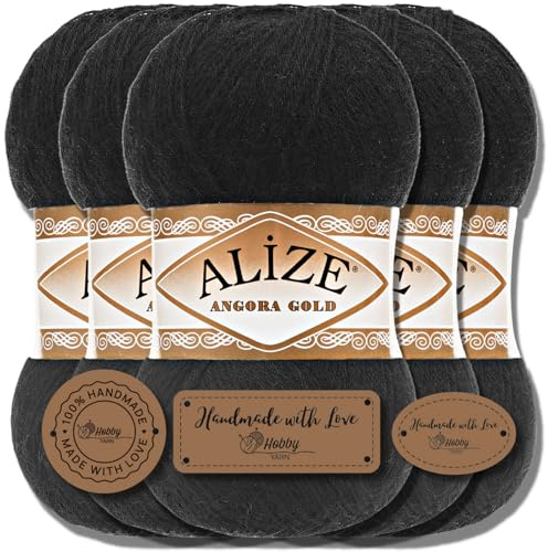 Hobby YARN 3x Etikettenlabel mit Alize Angora Gold Wolle Premium 5x100g als Set, Yarn, Garn, Dünne Mohair aus Schurwolle, Uni, Einfarbig, Strickgarn (Black - 60)
