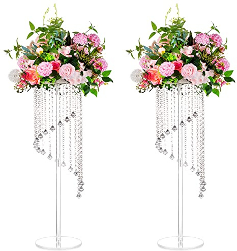 Nuptio Flower Vases Wedding Centerpieces - 2 Pcs 31.5 inches Tall Acrylic Vase Stands for Crystal Centerpiece Table Decorations - Elegant Geometric Flowers Stand for Party Weddings Tables Decoration