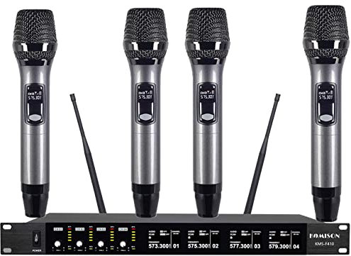 KOMISON 4 Channel Wireless Microphone System, Metal Wireless Microphones, Dynamic Wireless for Singing Karaoke Church DJ 250ft Range (Gray)