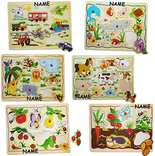 alles-meine.de GmbH 1 Brett Steckpuzzle mit Griffen - Tiere/Fahrzeuge oder Früchte - incl. Name - aus Holz - großes Holzpuzzle/Einlegepuzzle - Griff Legespiel - Rahmenp..