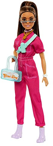 Barbie Poupée Mannequin avec avec Combinaison Rose Tendance, Accessoires Et Chiot, Cheveux Châtain Coiffés en Queue De Cheval Haute, Jouet Enfant, Dès 3 Ans, HPL76