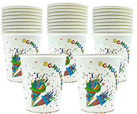 Oblique Unique® Schulkind Party Pappbecher Set Papierbecher Trinkbecher für Schuleinführung Einschulung Tischdeko für Jungen und Mädchen (Bunt - 30 Stück)