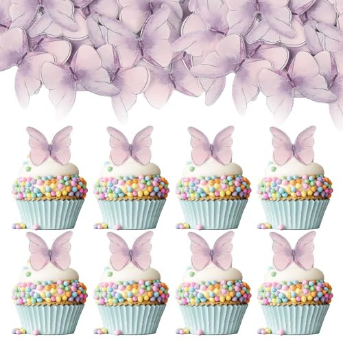Gyufise 48Pcs Edible Butterfly Cake Decorations Butterfly Cupcake Topper Edible Wafer Paper Butterflies Edible Butterfly Cake Cupcake Decoration Purple