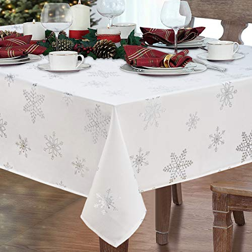 Yrendenge Wasserabweisend Weihnachtstischdecke 220x130, Rechteckige Weihnachten Tischdecke, Groß Esstischdecke Abwaschbar Weihnachts Tischdecke Tischtuch, Weiß mit Silber Schneeflocken Motiv