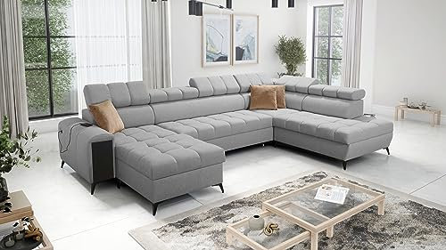 All4All Ecksofa mit Schlaffunktion Gonti VI 360x217 cm - Schlafsofa mit Bettkasten - Sofa in U-Form - Wohnlandschaft XXL Sofa - Eckcouch Groß - Seite Links - Hellgrau - Gewebe - Modern 26