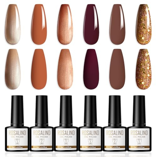 ROSALIND Semipermanenter Nagellack, 6 Farben, halbpermanent, Braun, Gelb, Glitzer, halbpermanent, Gel, Soak Off, UV, LED, Nail Art, für Herbst und Winter, 8 ml