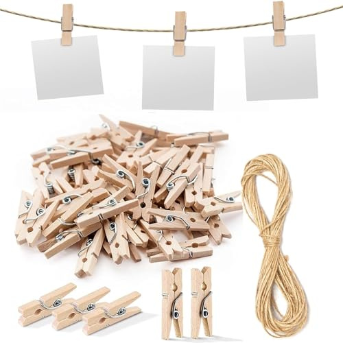 Lot de 100 pinces à linge en bois de 25 mm avec corde de chanvre de 5 m pour support photo, bricolage