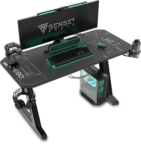 SENSE7 Escritorio Nomad Cybernetic, Mesa de Juegos de 100x50 con Gancho para Auriculares, portavasos, Soporte para Controlador, Superficie de Fibra de Carbono y diseño ergonómico para Juegos de PC