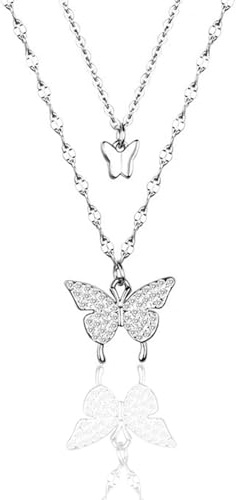 YUNHENTONG Schmetterling Anhänger Halskette,Schmetterlinge Layering Kette Damen,Kette Silber mit Anhänger,Silver Necklace Women,Schmetterling Kette Schmuck für Frauen Mädchen