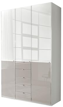 WIEMANN Drehtürenschrank mit 5 Schubkästen hochwertiger Kleiderschrank Schlafzimmerschrank 150cm breit, mit Schubladen, Glas Kieselgrau, Korpus Weiß, Höhe 236cm, Shanghai