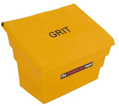 The WORKPLACE Depot Grit Salt Bin, 50 Litre Durable Yellow Polyethylene Stackable Outdoor Storage Container for Rock/Grit Salt with Sloping Lid & Grit Sticker