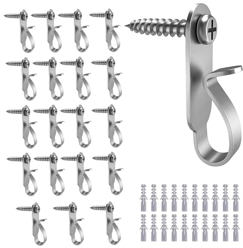 peuqcen 20 Schraubhaken für Lichterketten, 30 × 10 × 4 mm, Silber | 20 Schraubhaken mit 20 Dübeln und 20 Schrauben zum Aufhängen von Lichterketten und Laternen im Außenbereich.