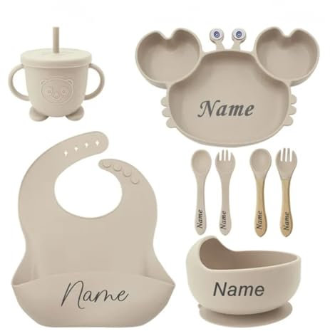 Juego de comida para destete personalizado con nombre de silicona para bebés, juego de destete personalizado que incluye: babero, cuenco, taza, cubiertos de silicona 100% alimentaria (beige)