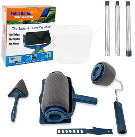 7-teiliges Malerset mit Farbroller und Tank | inkl. Kantenroller, Eckenstreiche, Teleskopstange und Tablett | Ideal für Wand und Decke Malerset Farbroller Set für Heimschule Malerei