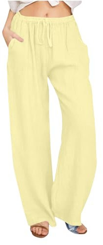 EMATOP Leinenhose Damen Sommer Lange Hose Baumwolle Musselin Hosen Casual Lose Stoffhose Einfarbig Elegant Strandhose Leicht Bequem Sommerhose Weite Beine Caprihose mit Taschen Freizeithose