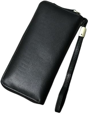AKAILY mäns plånbok ny retro läder första skiktet koskinn stor kapacitet ledig lång dragkedja koppling plånbok svart
