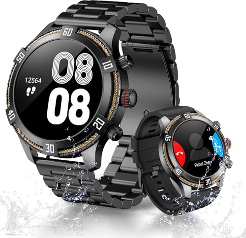 OHUGNA Smartwatch Herren mit 440mAh Lange Akkulaufzeit für Android iOS, 1,43 AMOLED Display, IP67 Wasserdicht Fitnessuhr mit 100+ Sportmodi, Herzfrequenz- & Schlafmonitor, 2 Armbänder (Schwarz)