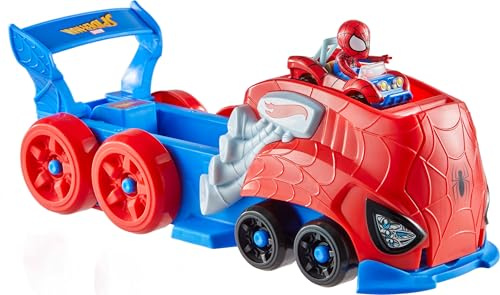 Hot Wheels Juego de Pista de Coche de Juguete, Lanzador y transportador a Gran Escala de Spider-Man con vehículo RacerVerse Fundido a presión