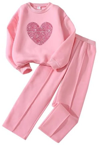 Kunyeah 2 pezzi felpa da ragazza con stampa a cuore pullover tuta in pile a maniche lunghe vestiti pantaloni set per età 8-12 anni, Rosa, 9 anni