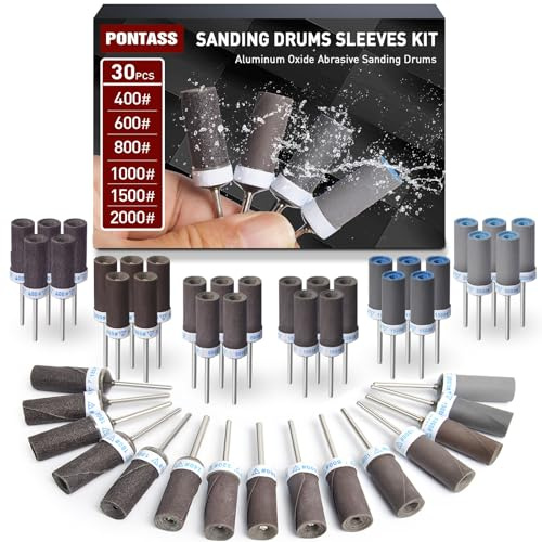 30 Pièces 400/600/800/1000/1500/2000 Grains Tambours de Ponçage pour Outil Rotatif Dremel, Mèches de Ponçage, Manchons Abrasifs Avec des Tiges de 3 mm, Manchons de Ponçage pour le Polissage