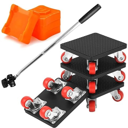 9 Stück Möbel Transportrollen Set, Schwerlast Möbelheber mit 335mm Verlängerungsstange, 4 Möbelrollen 360 Grad Drehbar, 4 Möbelroller, 400KG Tragfähigkeit