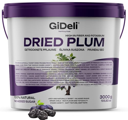 GiDeli Ciruelas pasas sin hueso 3 kg en cubo - Sin azúcar añadido - Snack | Pulpa blanda y jugosa, sabor dulce natural, cubo con tapa que se vuelve a cerrar, ideales en repostería y postres