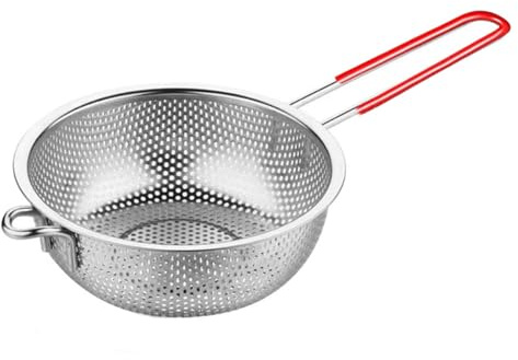 Stainless Steel Colander, Perforated Strainer with Long Handles, Silicone Grip, Metal Sieve Rice Washer Strainer Bowl for for Pasta, Rice, Fruits, Vegetables, Kitchen Essential Tool (19CM)