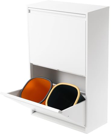 Brride Sistema de separación de residuos de acero con 4 compartimentos, cubo de basura para cocina, 4 x 15 l, cubo de basura con solapas, armario de reciclaje (blanco, 4 x 15 L)