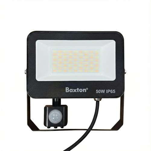 Baxton 50W LED PIR Security Floodlight, Outdoor Motion Sensor Security Light, 3CCT Selectable (3000K/4000K/6500K), IP65 Waterproof, Mains Powered for Garden, Garage & Driveway