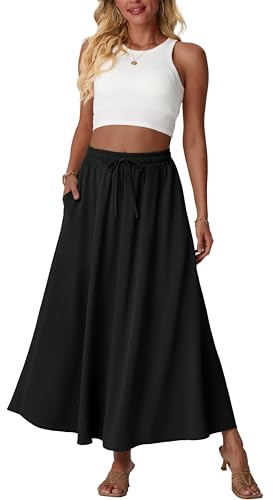 QIXING Maxi gonna lunga e fluida da donna, a vita alta, bohémien, estiva, svasata, con vita elasticizzata e tasche, L