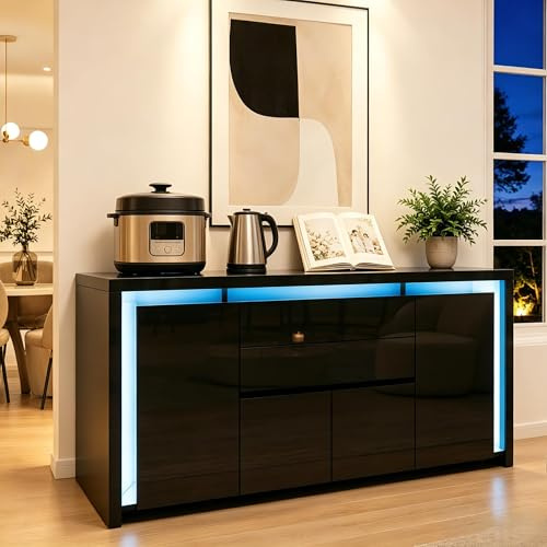 Buffet Blanc Laqué 4 Portes 2 Tiroirs avec Éclairage LED, Meuble de Rangement Commode Moderne, Buffet de cuisine pour Salon, Cuisine ou Entrée, Design Haut Brillant, 160×35×75 (Noir, 160×35×75 CM)