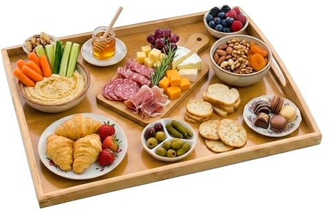 Extra Large Bamboo Wooden Serving Tray with Handles, Wooden Serving Platter for Breakfast in Bed, Dinner Trays for food serving, Restaurant Use & Gift - Rectangular Wooden Tray Large (50 × 40 CM)