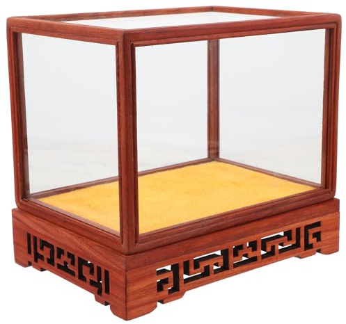 BESPORTBLE Boîte de Présentation en Verre Transparent Socle en Bois Massif de Rose, Coffret de Rangement 12x12x17 Cm pour Objets de Collection, Vitrine D’Exposition Anti-poussière