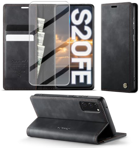 Idhiem Handyhülle für Samsung Galaxy S20 FE 5G/4G Hülle [Mit Schutzglas] [RFID-Blockierung] [Premium PU Leder] [Kartenfach Klappbar Tasche Flip Case] Klapphülle Schutzhülle für Samsung S20 FE, Schwarz
