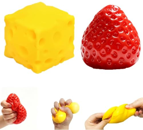 2 Stück Squishy Spielzeug Erdbeere & Käse, weiches langsames Rückstellendes Antistress Quetschspielzeug, praktische Fidget Toys für Erwachsene, süße Schreibtisch Dekoration